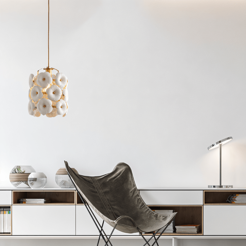 Modern interior with a chair, cabinet, and decorative lamp.