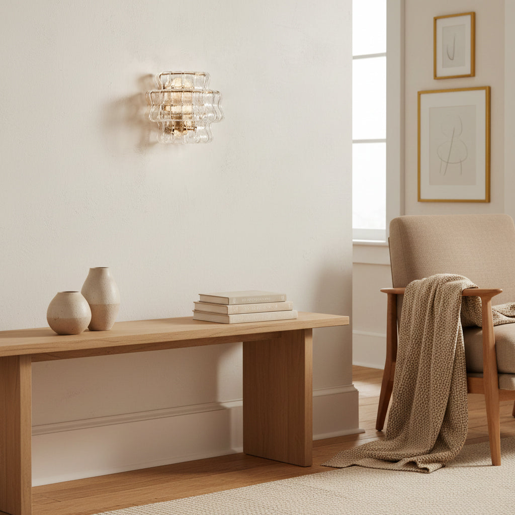 Wooden console table with decorative items in a living room setting.