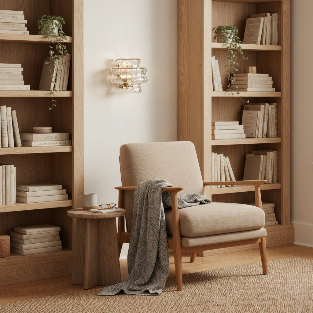 Beige armchair with a gray blanket in a room with wooden bookshelves and a small table.