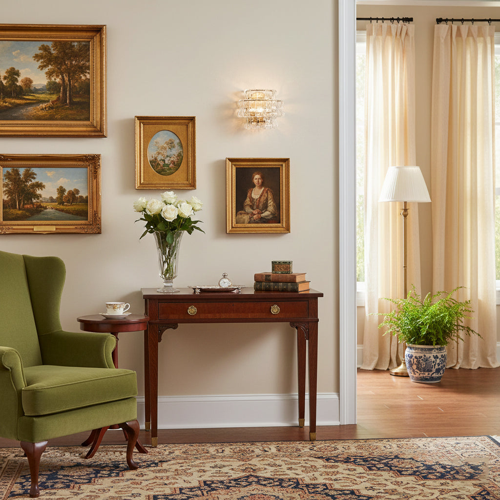 Living room with green armchair, wooden table, and framed paintings.