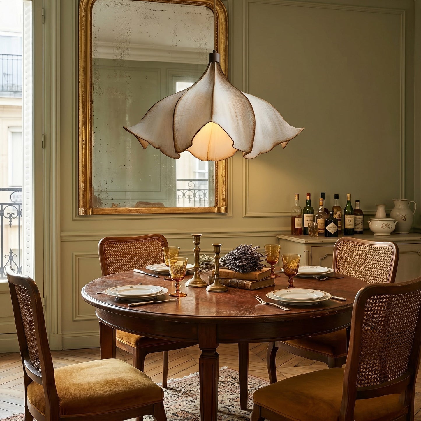 Dining room with wooden table, chairs, and decorative items.