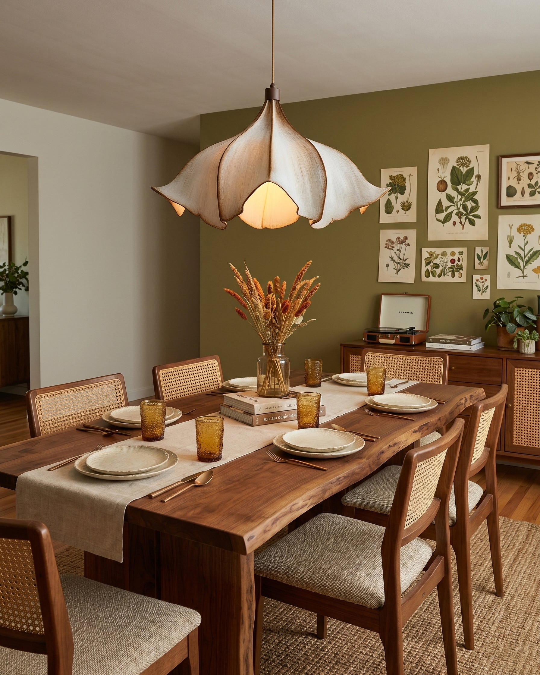 Dining room with wooden table, chairs, and a pendant light fixture.