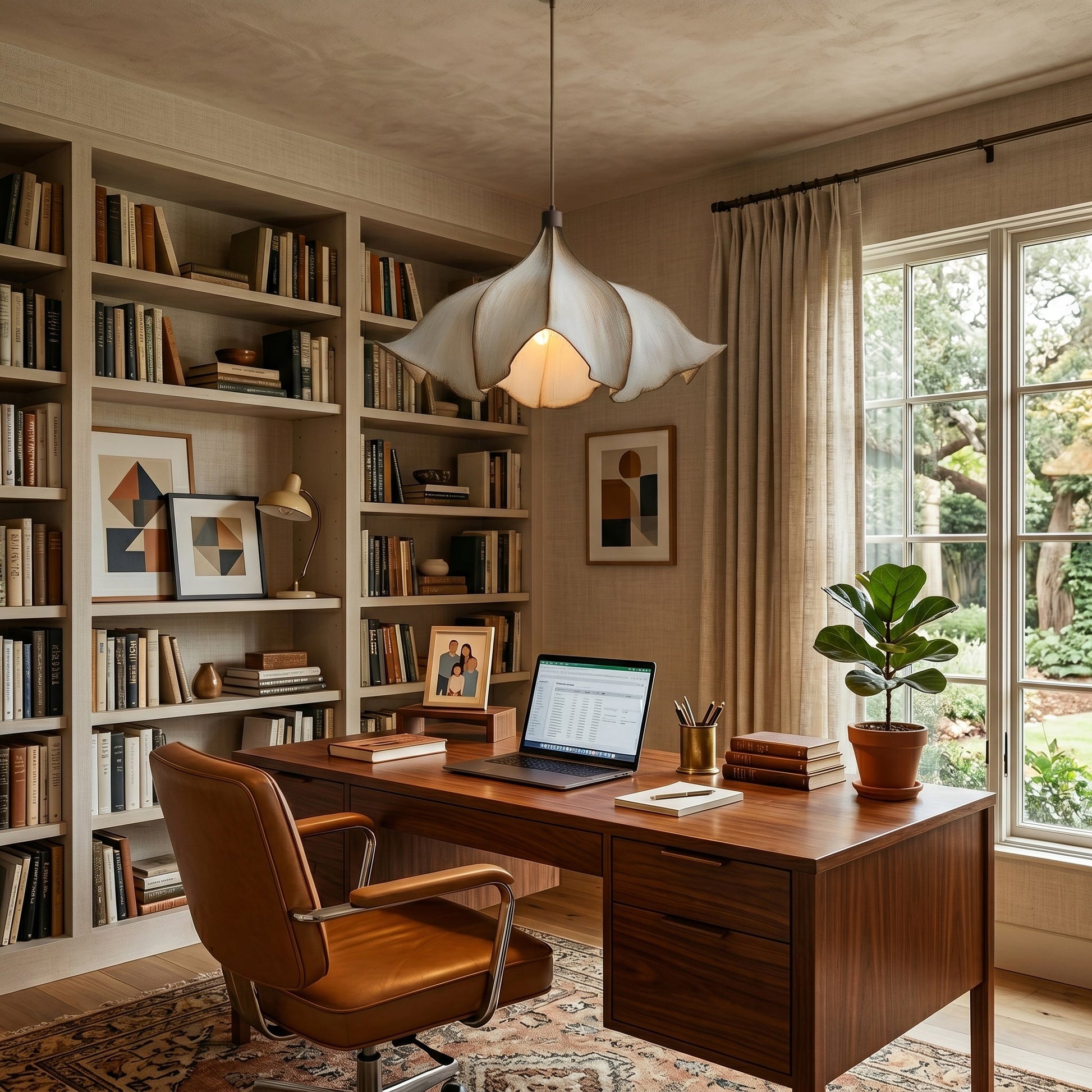 Home office with wooden desk, bookshelves, and a window view