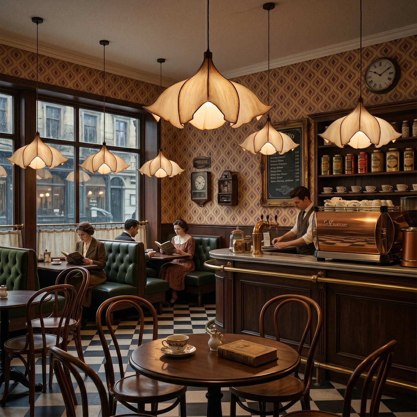 Cozy café interior with patrons and a barista, featuring vintage decor and lighting.