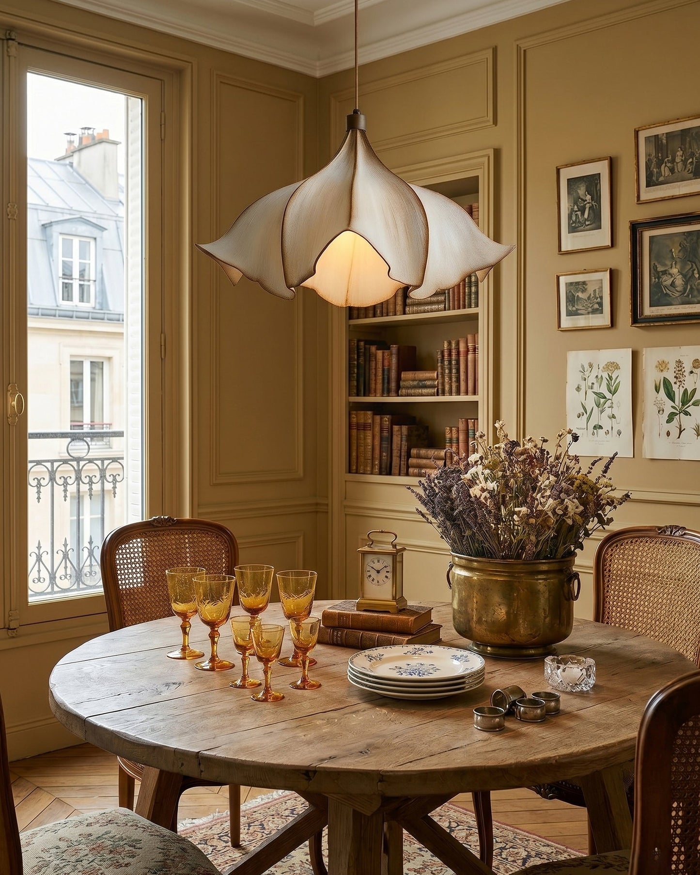 Dining room with wooden table, chairs, and decorative elements.