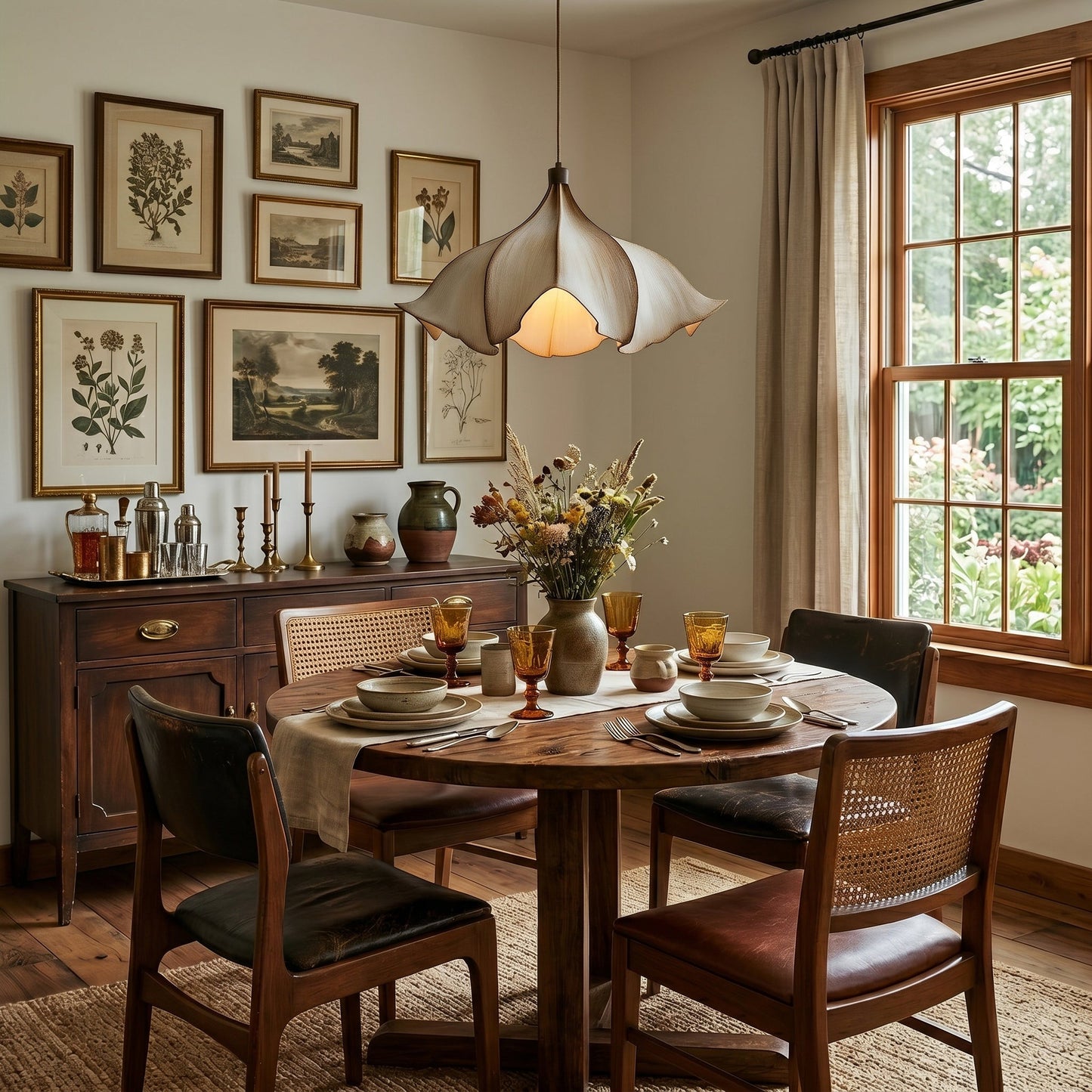 Dining room with wooden table and chairs, framed artwork on the wall, and a large window.