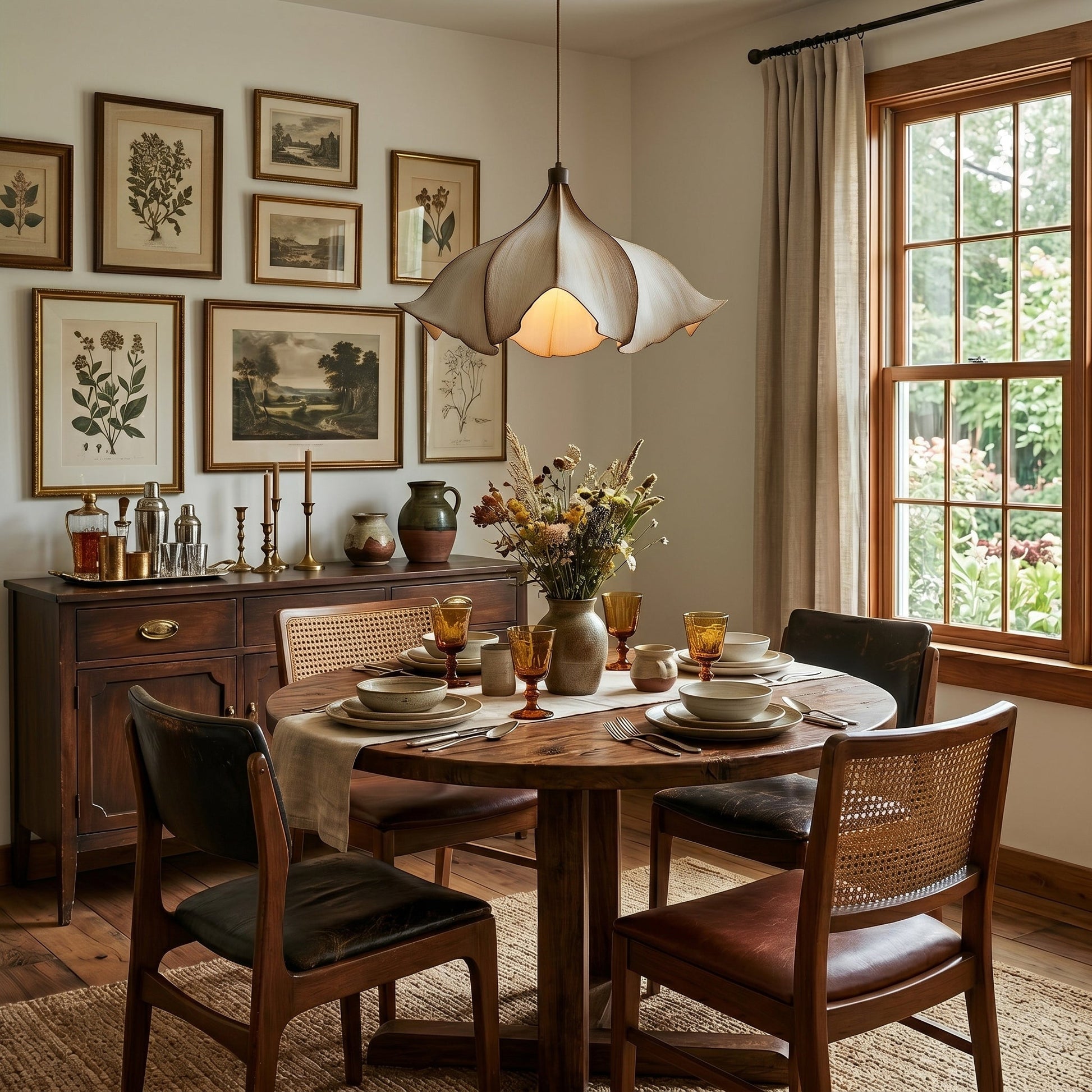 Dining room with wooden table and chairs, framed artwork on the wall, and a large window.