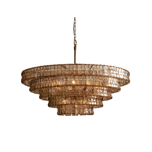 Decorative chandelier with multiple tiers on a white background