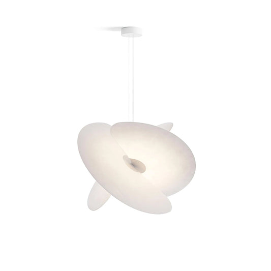 Modern pendant light with a white, cloud-like design on a white background