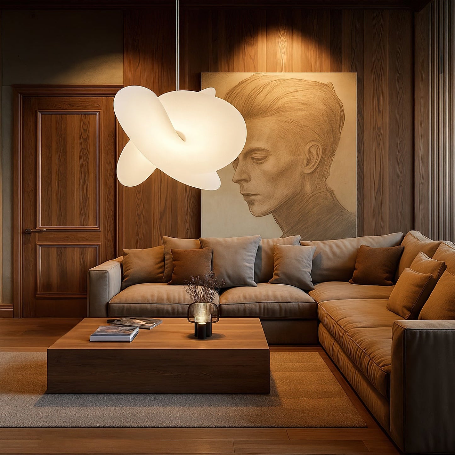 Modern living room with a brown sectional sofa, wooden coffee table, and abstract light fixture.
