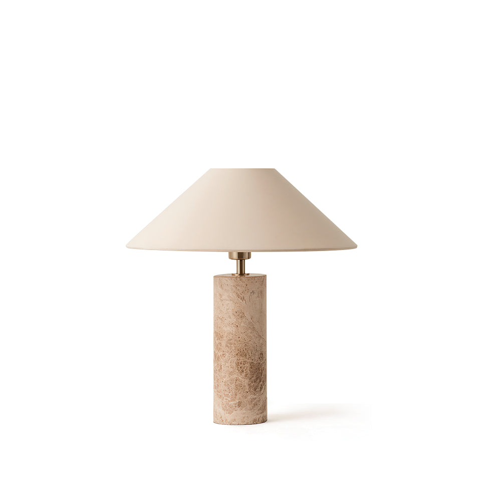 Table lamp with beige shade and marble base on a white background