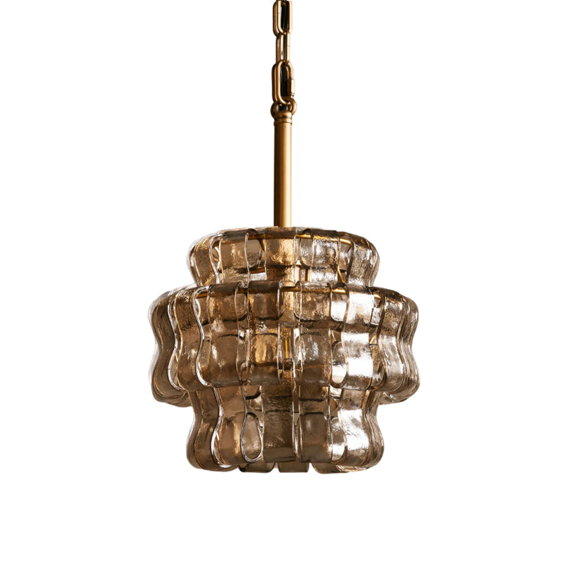Decorative pendant light with ribbed glass shade on a white background