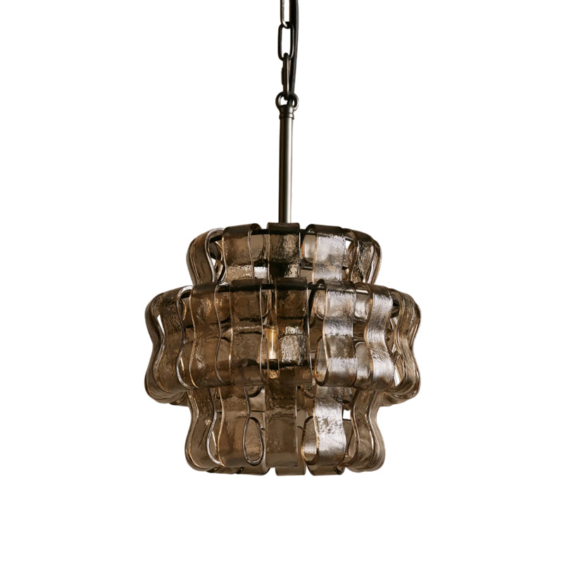 Decorative pendant light with wavy glass design on a white background
