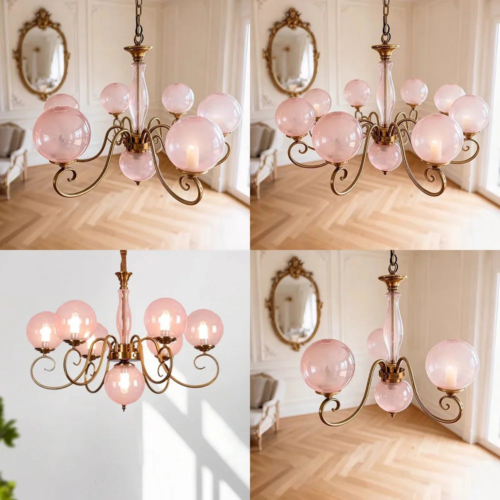 Yuri pink glass chandelier shown in four configurations