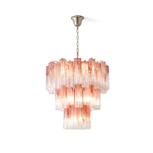 Chandelier with pink and white glass shades on a white background
