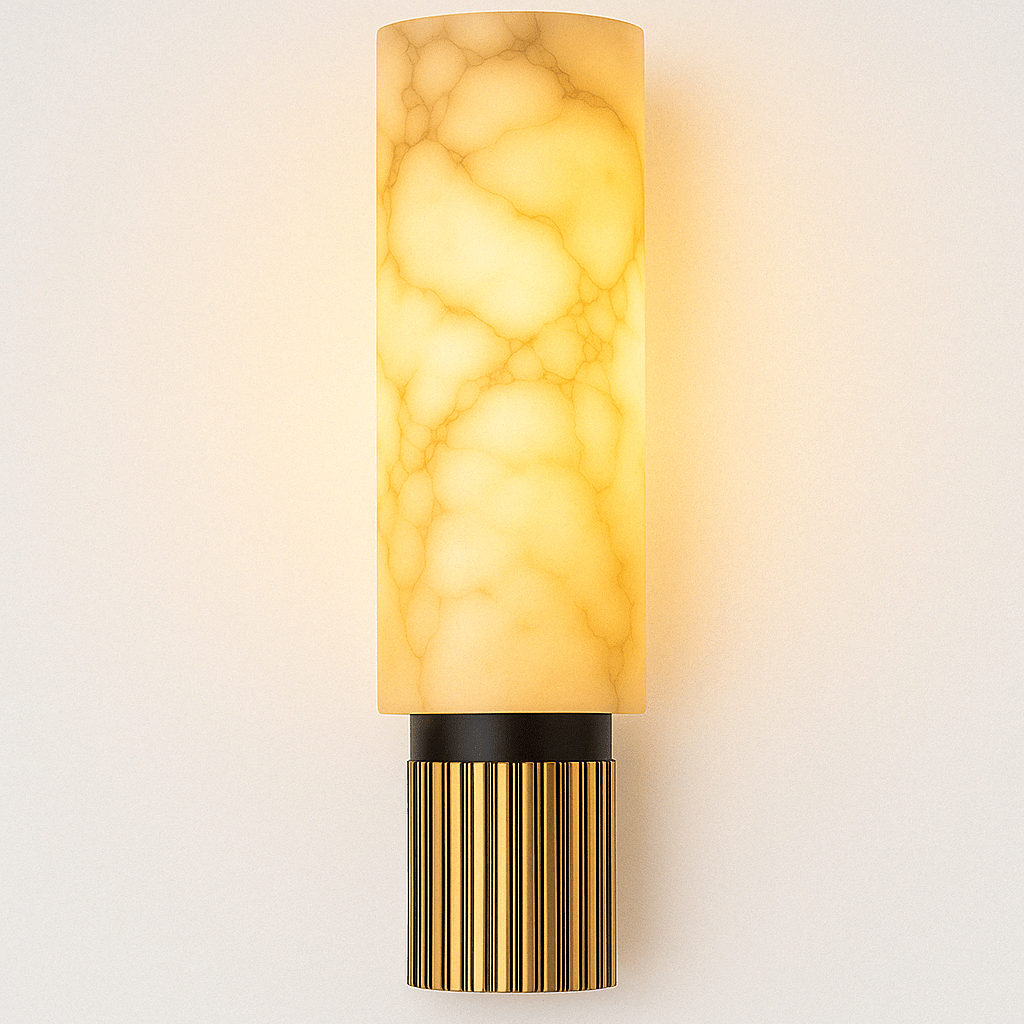 Decorative wall sconce with marble-like shade and striped base on a light background