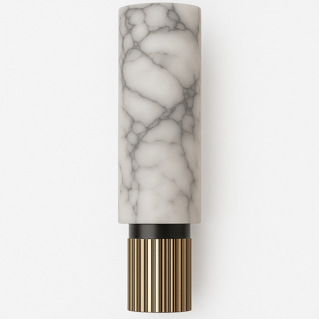 Marble-textured cylindrical object with a gold and black base on a white background