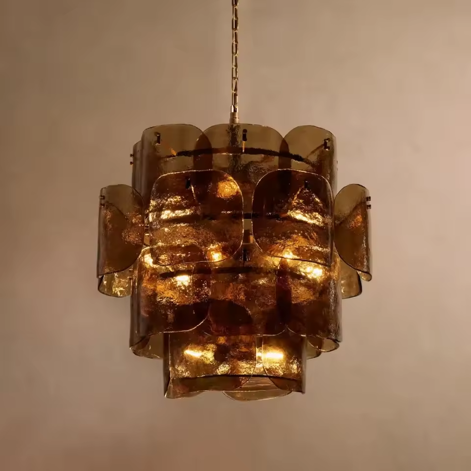 Maya Glass Chandelier - Dark Brown, lights on