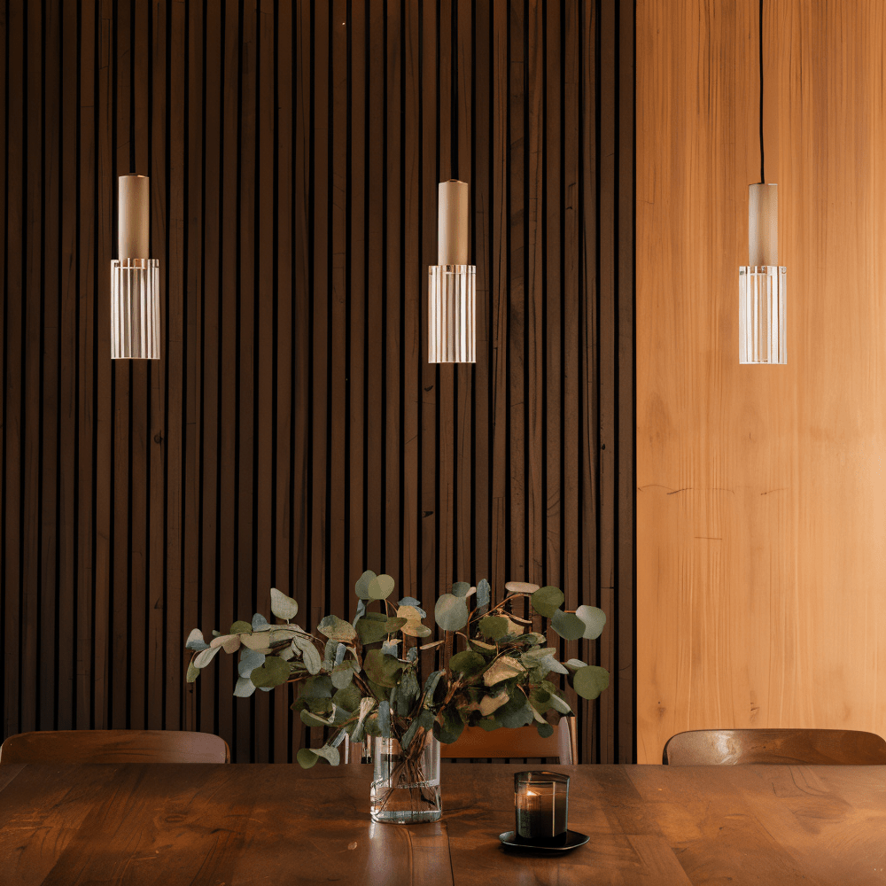 Modern interior with pendant lights, wooden table, and decorative plants.