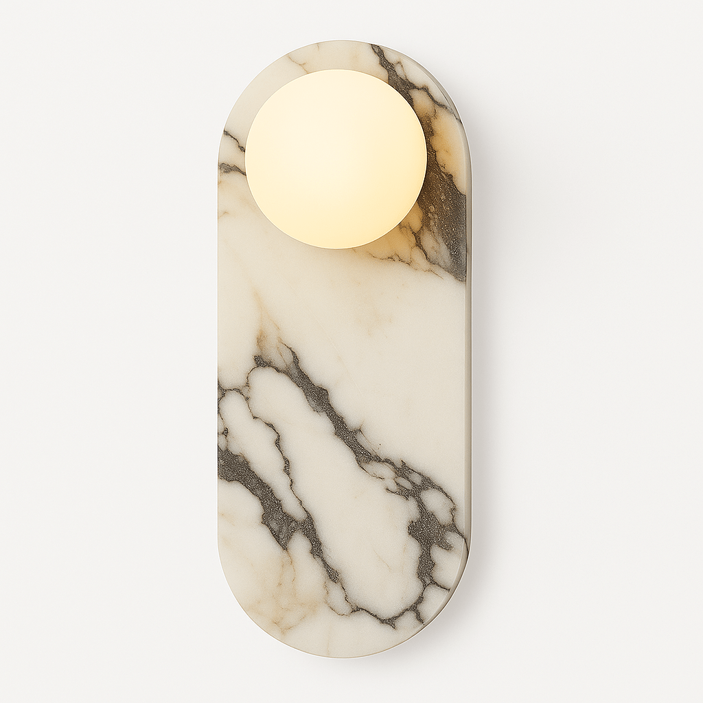 Marble-patterned wall sconce with a round light bulb on a white background